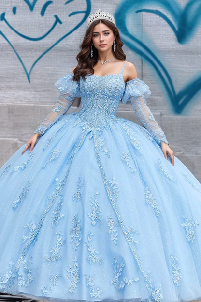 WQ1261 - Chic & Modern Strapless Spaghetti Straps Detachable Long Sleeves Appliques Lace Up Baby Blue Tulle Quinceanera Dress Formal Evening Party Gown for Sweet 16