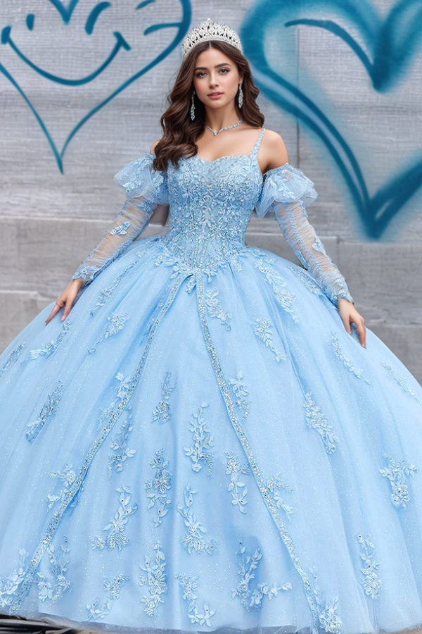 WQ1261 - Elegante y moderno vestido de quinceañera de tul azul bebé, sin tirantes finos, mangas largas desmontables, apliques con cordones, vestido formal de fiesta de noche para dulces 16