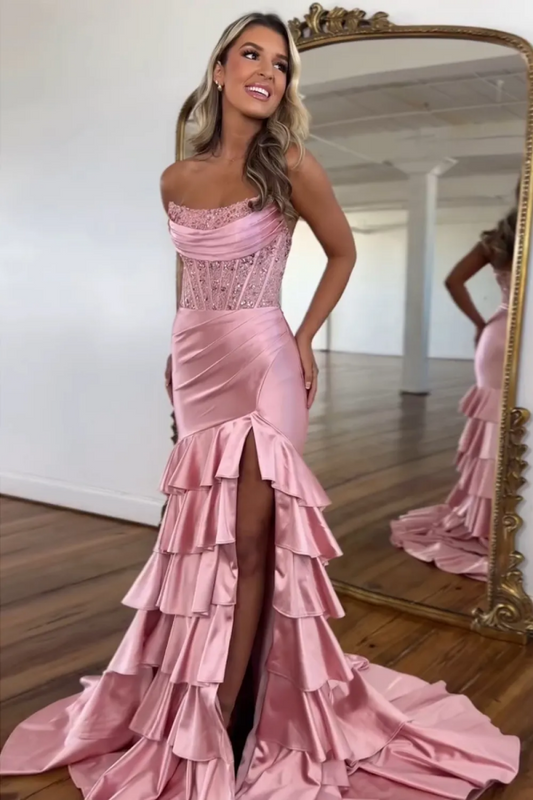 WU1036 - Sweet & Cute Mermaid Strapless Sleeveless Pleated Sequins Tiered High Side Slit and Train Floor Length Party Dress Prom Dress