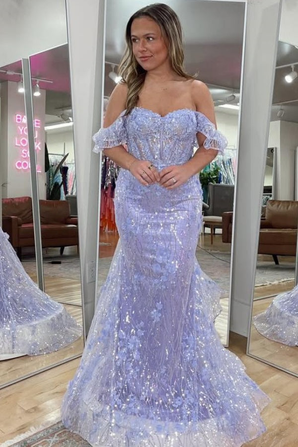 WU1400 - Vestido de fiesta de graduación de color lila, sin mangas, con hombros descubiertos y apliques de lentejuelas y cordones, vestido formal de noche.