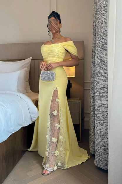 WU1060 - Modern & Chic Sheath Off Shoulder Long Tulle Sleeves Floor Length Prom Party Dress 3D Flowers Sequins Yellow Tulle Formal Evening Gown Wedding Guest Dress