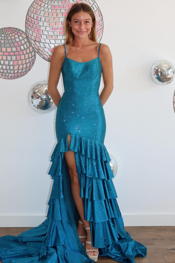 WU1130 - Wunderschönes schulterfreies ärmelloses Ball- und Partykleid mit Pailletten, hohem Seitenschlitz und Schleppe, Abendkleid, Cocktailkleid