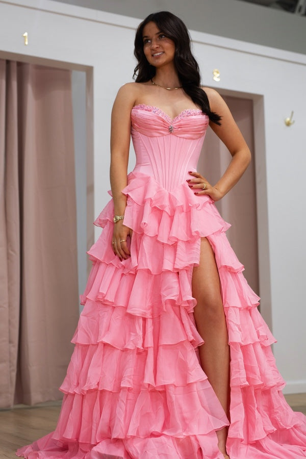 WU1130 - Wunderschönes schulterfreies ärmelloses Ball- und Partykleid mit Pailletten, hohem Seitenschlitz und Schleppe, Abendkleid, Cocktailkleid