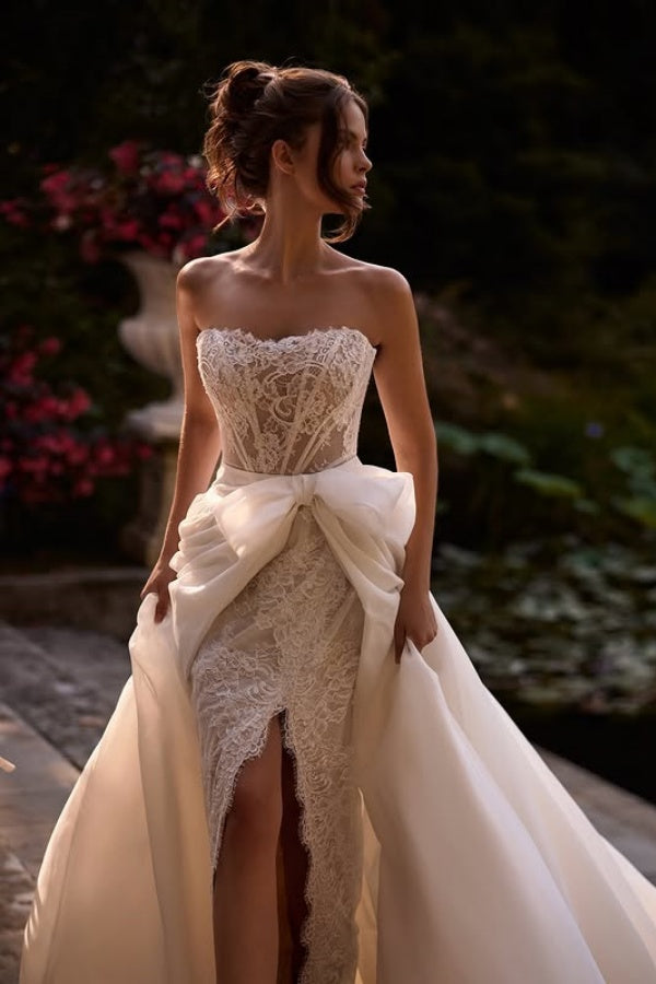 WW1011 - Luxury & Gorgeous Strapless Detachable Long Sleeves Fully Lace Wedding Dress High Side Slit and Train Beach Boho Bride Gown