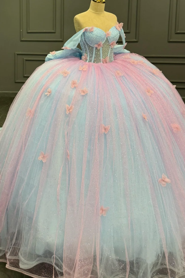 Langes Quinceanera-Kleid mit Herzausschnitt für Damen, trägerloses Korsett mit Blumenapplikationen, Perlenbesetztes Tüll-Ballkleid 