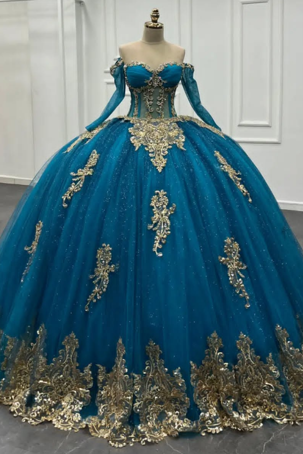 WQ1311 - Vestido de quinceañera de tul azul lago con hombros descubiertos, mangas largas, apliques dorados 3D y cuentas, vestido de fiesta de cumpleaños para dulces 16