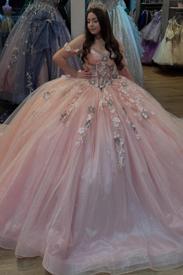 Langes Quinceanera-Kleid mit Herzausschnitt für Damen, trägerloses Korsett mit Blumenapplikationen, Perlenbesetztes Tüll-Ballkleid 