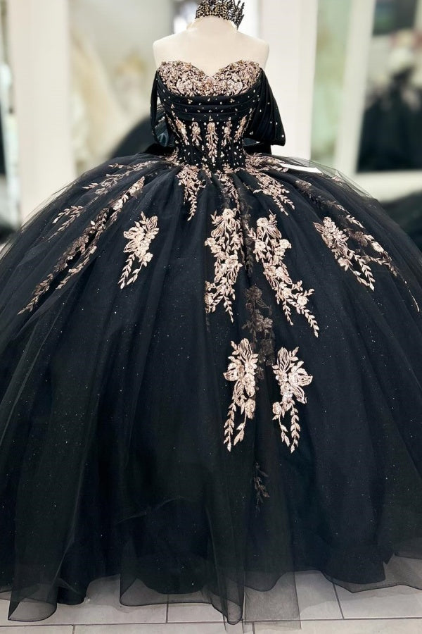 Langes Quinceanera-Kleid mit Herzausschnitt für Damen, trägerloses Korsett mit Blumenapplikationen, Perlenbesetztes Tüll-Ballkleid 