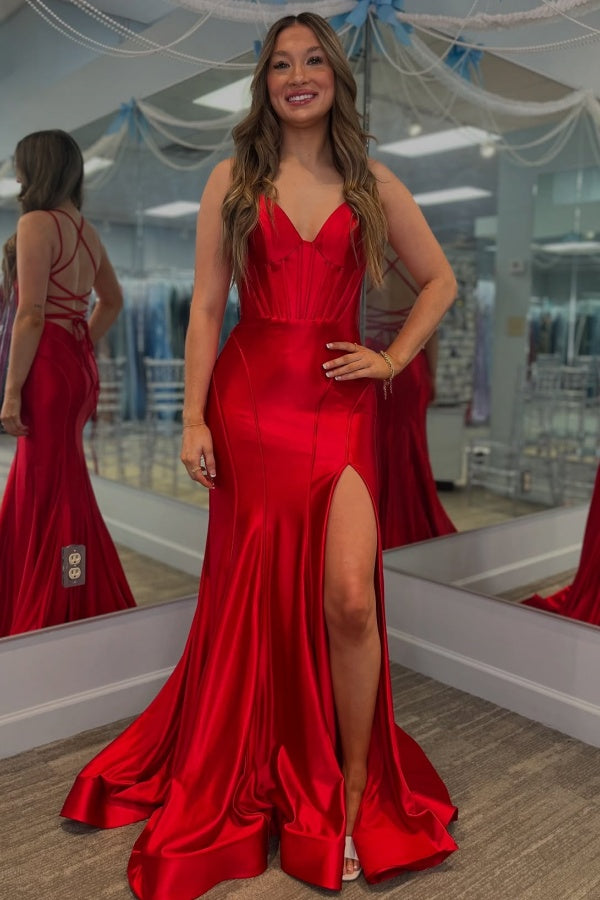 WU1113 - Schlichtes und lässiges Meerjungfrauen-Kleid, trägerlos, Spaghettiträger, plissiert, Partykleid, Abschlussballkleid, bodenlang, Reißverschluss auf der Rückseite, formelles Abendkleid