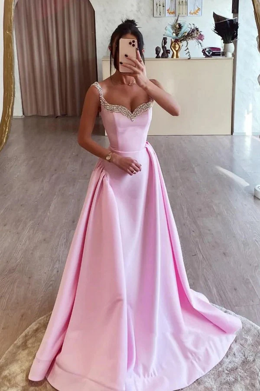 WU1012 - Chic & Modern A-Line Strapless Straps Sleeveless Crystal Beaded Pink Satin Floor Length Prom Dress Evenin Party Gown with Train