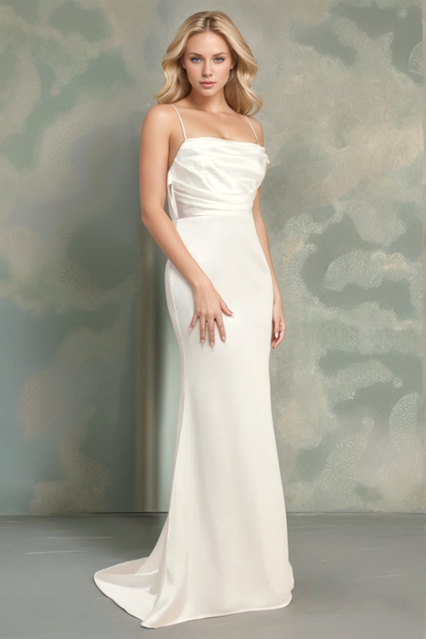 WW1030 - Simple Mermaid Strapless Spaghetti Straps Sleeveless Ruched Backless Court Train Beach Wedding Dress Bride Gown