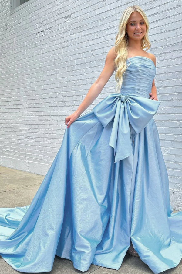 WU1080 - Schlichtes und lässiges A-Linien-Kleid, trägerlos, ärmellos, himmelblau, formelles Ballkleid, Hofschleppe, bodenlanges Abendkleid, Partykleid, Hochzeitsgastkleid