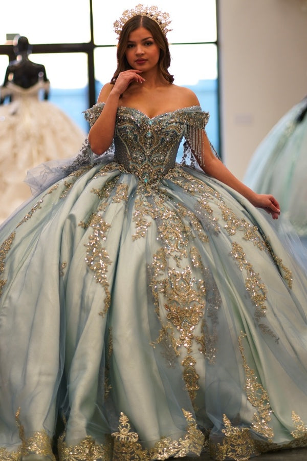 Langes Quinceanera-Kleid mit Herzausschnitt für Damen, trägerloses Korsett mit Blumenapplikationen, Perlenbesetztes Tüll-Ballkleid 