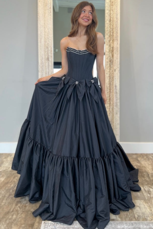 A-Line Boat Neck Pleated Beaded Bow Knot Prom Dress WU1429
