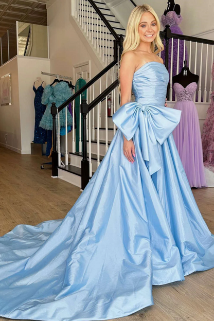 WU1080 - Simple & Casual A-Line Strapless Sleeveless Sky Blue Formal Prom Gown Court Train Floor Length Evening Party Dress Wedding Guest Dress