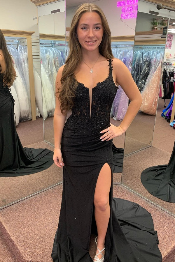 WU1130 - Wunderschönes schulterfreies ärmelloses Ball- und Partykleid mit Pailletten, hohem Seitenschlitz und Schleppe, Abendkleid, Cocktailkleid