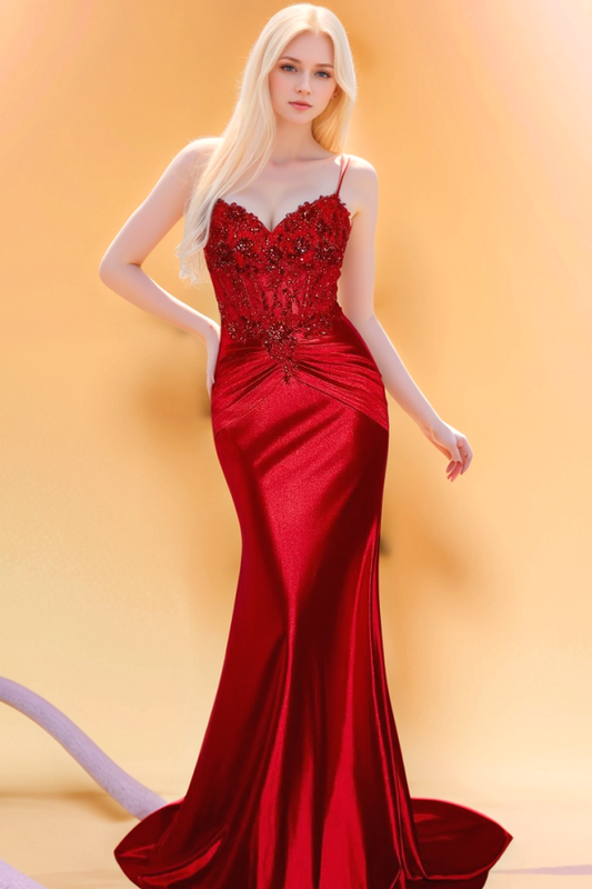 WU1160 - Sexy & Hot Sheath V Neck Spaghetti Straps Beaded Appliques Pleated Prom Party Gown Floor Length Back Zipper Evening Formal Gown