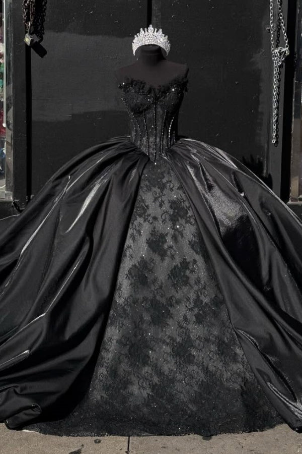 Sweetheart Long Sleeves Beaded Sequins Black Lace Quinceanera Dress for Sweet 16 WQ1290