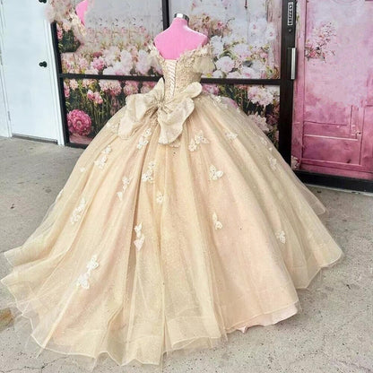 Champagne Puffy Butterfly Quinceanera Dresses Lace Appliques Off Shoulder Long Ball Gown Sparkly Beading Tulle Sweet 16 Dresses