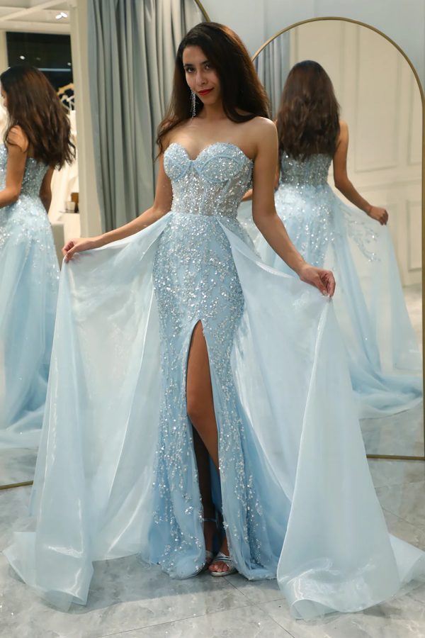 WU1079 - Chic & Modern Sheath Strapless Sleeveless Sky Blue Fully Sequins Formal Prom Dress Floor Length High Side Slit and Train Evening Party Dress Wedding Guest Gown Cocktail Dress