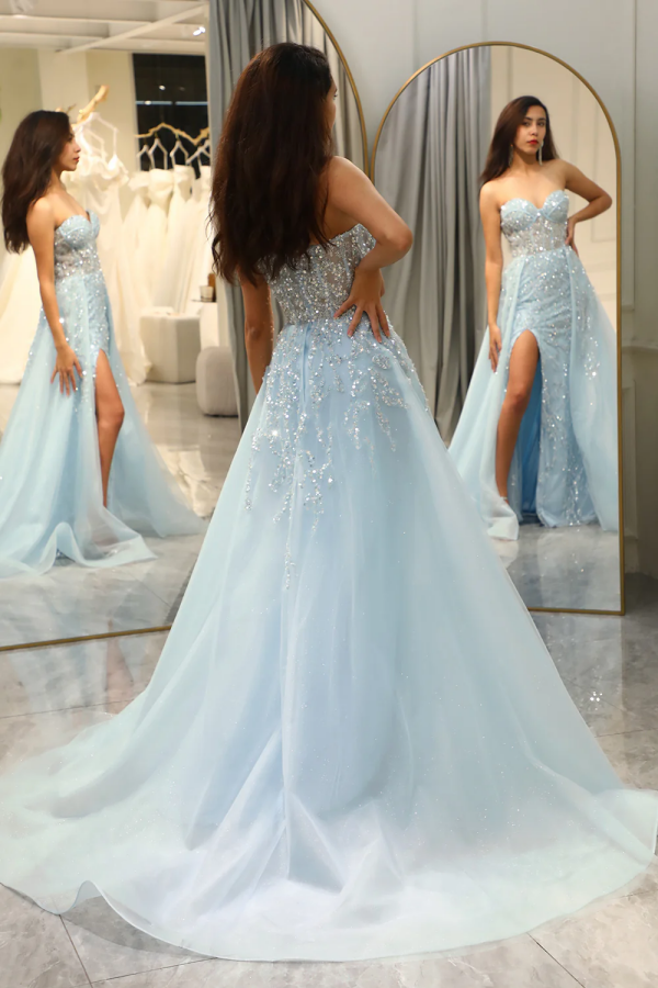 WU1079 - Chic & Modern Sheath Strapless Sleeveless Sky Blue Fully Sequins Formal Prom Dress Floor Length High Side Slit and Train Evening Party Dress Wedding Guest Gown Cocktail Dress