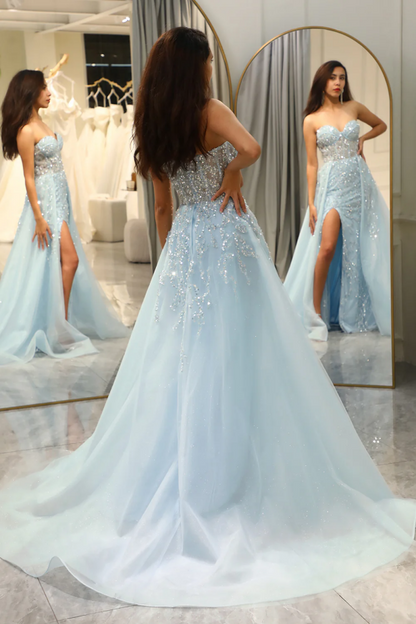 WU1079 - Chic & Modern Sheath Strapless Sleeveless Sky Blue Fully Sequins Formal Prom Dress Floor Length High Side Slit and Train Evening Party Dress Wedding Guest Gown Cocktail Dress