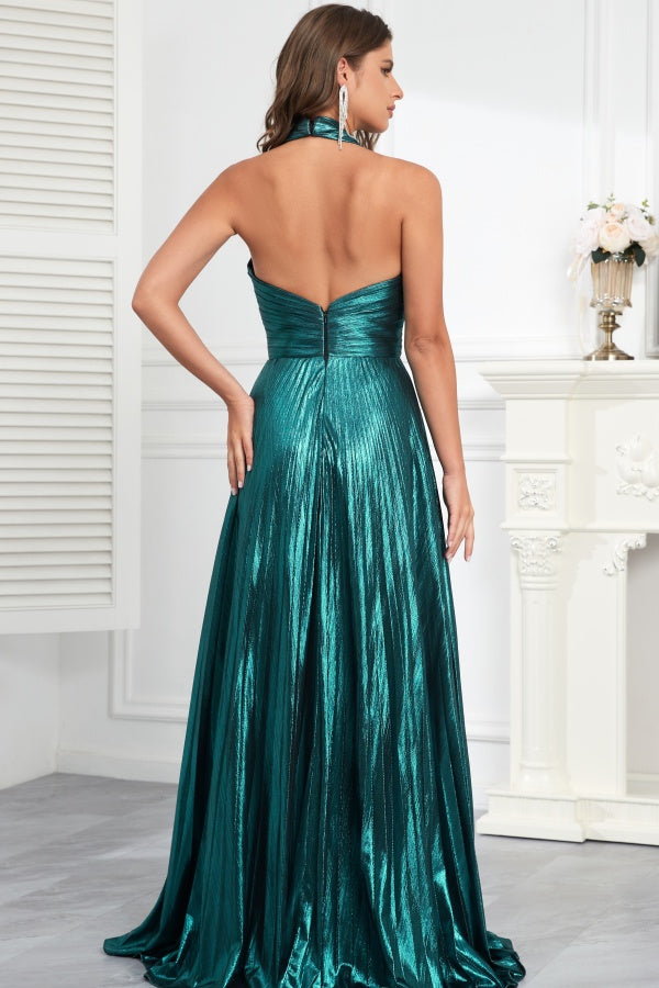 WU1097 - Simple & Casual A-Line Halter Sleeveless Pleated Prom Party Dress Open Back High Side Slit Formal Evening Dress Wedding Guest Gown Cocktail Dress