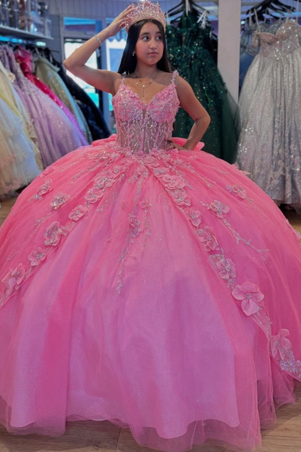 V Neck Spaghetti Straps Sleeveless Hot Pink Quinceañera Dress with Sequins Beaded 3D Flowers Appliques  WQ1414