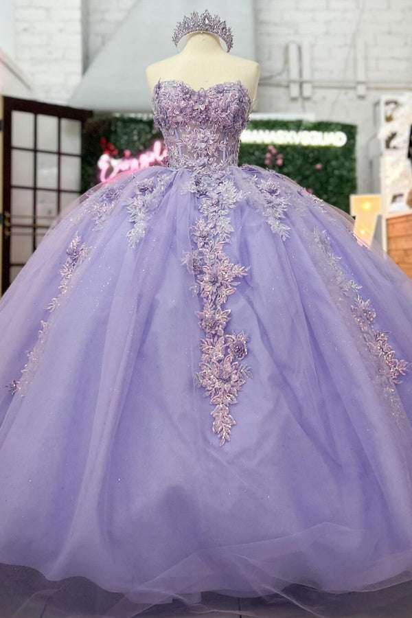 Langes Quinceanera-Kleid mit Herzausschnitt für Damen, trägerloses Korsett mit Blumenapplikationen, Perlenbesetztes Tüll-Ballkleid 