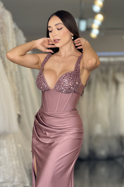 WU1062 - Cute & Elegant Mermaid Strapless Straps Sleeveless Floor Length Formal Party Dress Beaded Pleated Dusty Pink Satin Evening Dress with Train