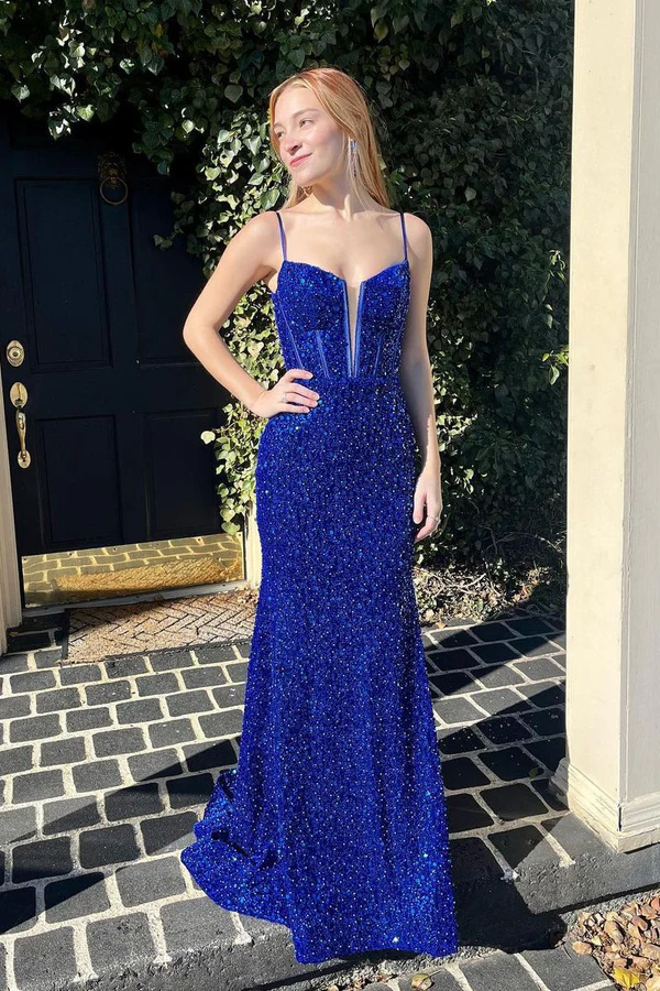Strapless Spaghetti Straps Royal Blue Sequins Prom Dress with Train WU1013