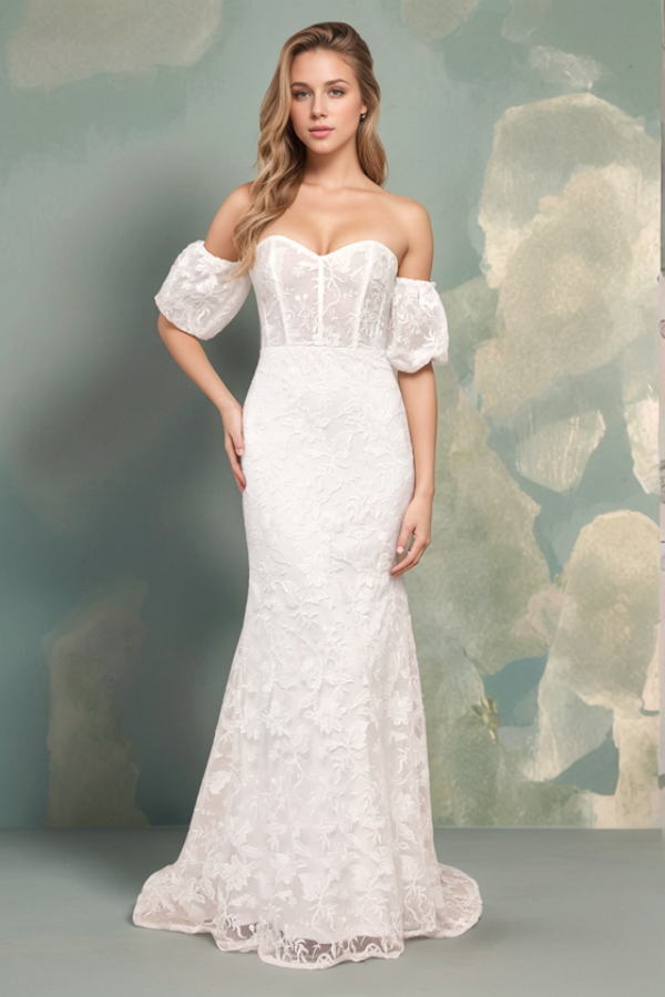 Mermaid Strapless Detachable Short Sleeves Appliques Beach Wedding Dress WW1029