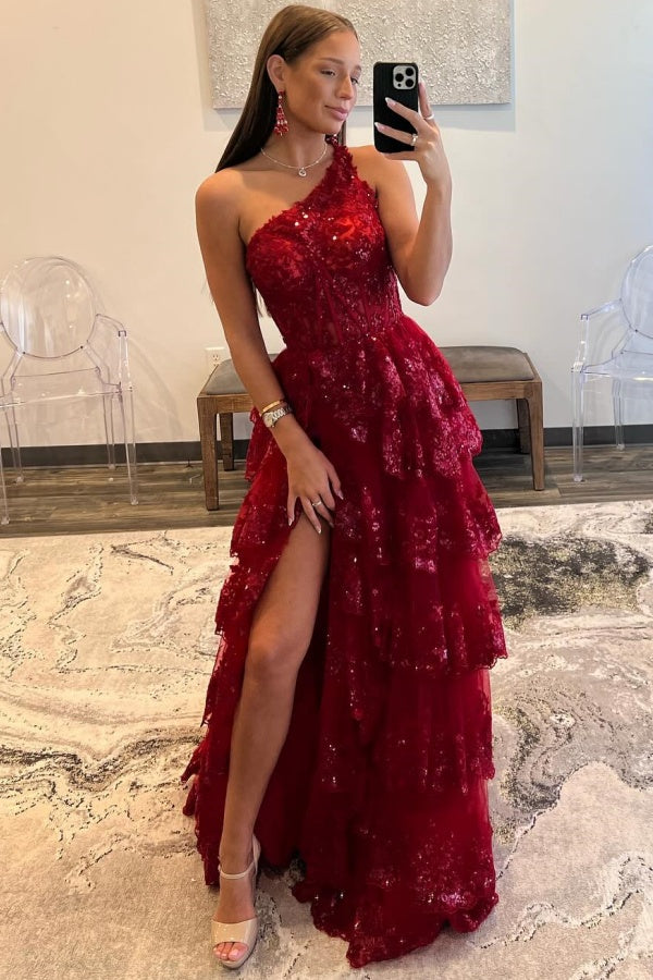 One Shoulder Sequins Lace Appliques Tiered High Side Slit and Train Prom Dress WU1318