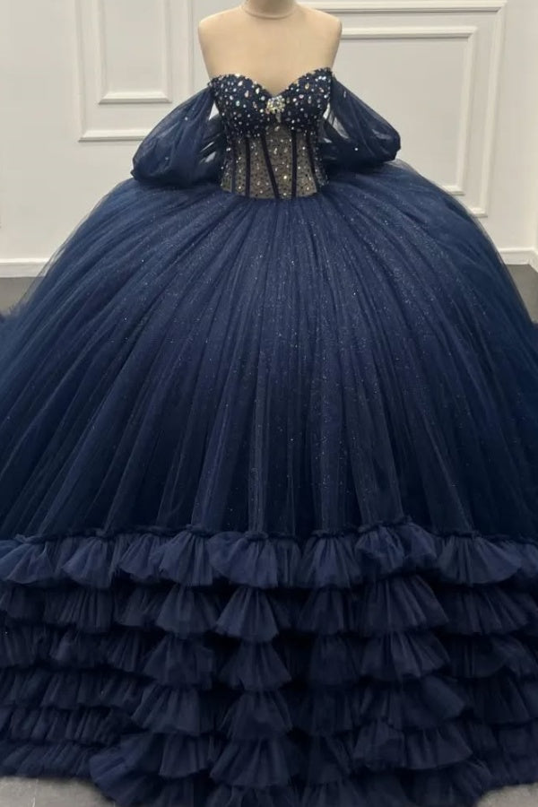 Langes Quinceanera-Kleid mit Herzausschnitt für Damen, trägerloses Korsett mit Blumenapplikationen, Perlenbesetztes Tüll-Ballkleid 