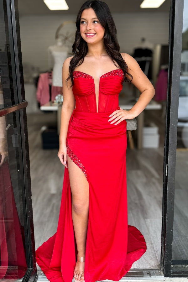 WU1130 - Wunderschönes schulterfreies ärmelloses Ball- und Partykleid mit Pailletten, hohem Seitenschlitz und Schleppe, Abendkleid, Cocktailkleid