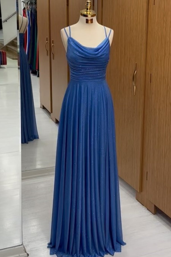 A-Line Round Neck Spaghetti Straps Pleated Prom Dress WU1507