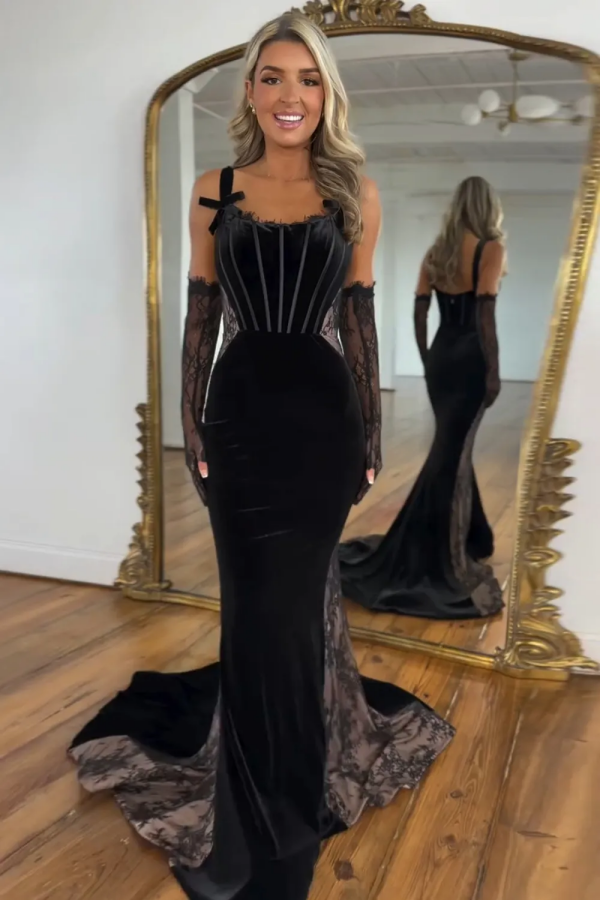 WU1033 - Elegant & Junoesque Mermaid Strapless Straps Sleeveless Pleated Black Velvet Lace Floor Length Prom Dress Cocktail Dress Evening Gown with Train