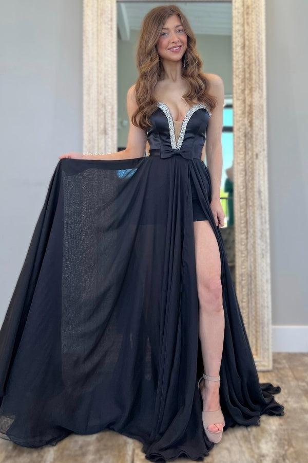 WU1130 - Wunderschönes schulterfreies ärmelloses Ball- und Partykleid mit Pailletten, hohem Seitenschlitz und Schleppe, Abendkleid, Cocktailkleid