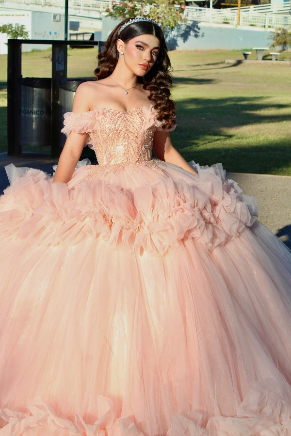 Langes Quinceanera-Kleid mit Herzausschnitt für Damen, trägerloses Korsett mit Blumenapplikationen, Perlenbesetztes Tüll-Ballkleid 