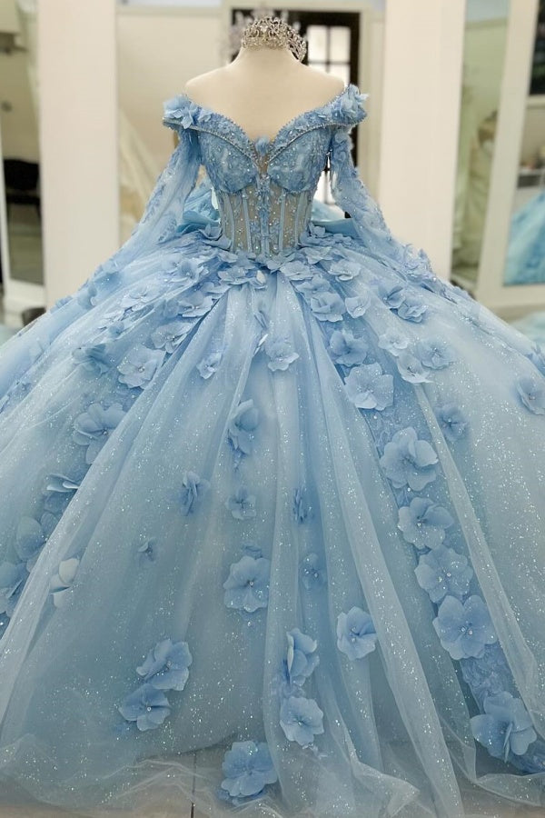 WQ1438 - Ball Gown V Neck Detachable Long Sleeves Pleated Beaded 3D Flowers Appliques Sparkly Baby Blue Tulle Quinceanera Dress Birthday Party Dress Evening Formal Gown for Sweet 16