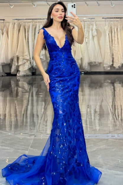 WU1064 - Elegant Mermaid Low V Neck Straps Sleeveless Open Back Floor Length Prom Party Dress Royal Blue Appliques Tulle Formal Evening Gown with Train