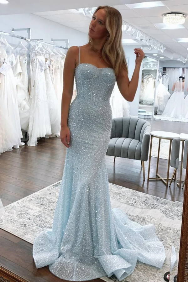 Mermaid Strapless Spaghetti Straps Pleated Beaded Prom Dress WU1462