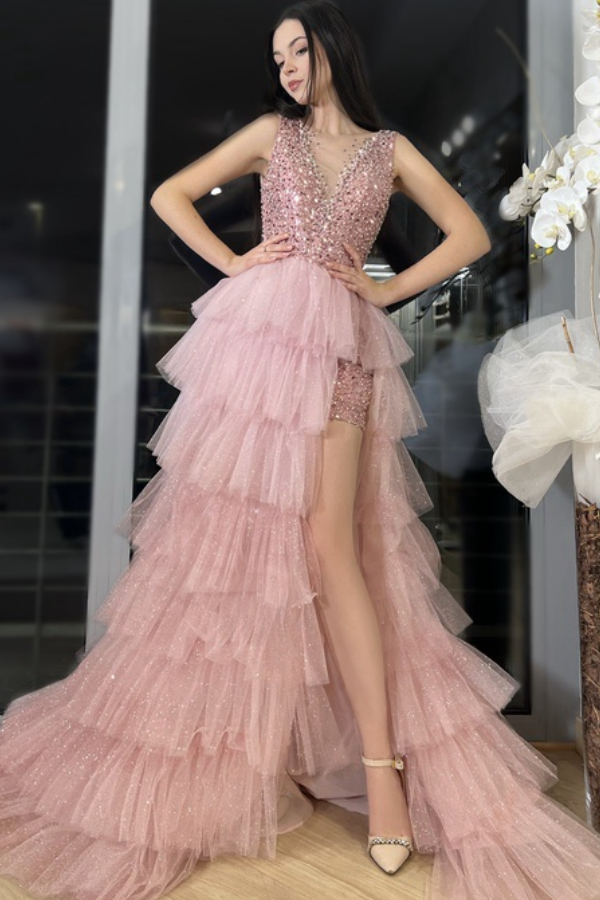 WU1130 - Wunderschönes schulterfreies ärmelloses Ball- und Partykleid mit Pailletten, hohem Seitenschlitz und Schleppe, Abendkleid, Cocktailkleid