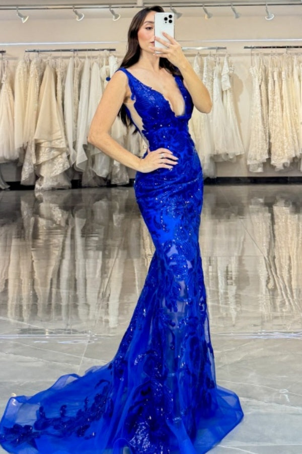 WU1064 - Elegant Mermaid Low V Neck Straps Sleeveless Open Back Floor Length Prom Party Dress Royal Blue Appliques Tulle Formal Evening Gown with Train