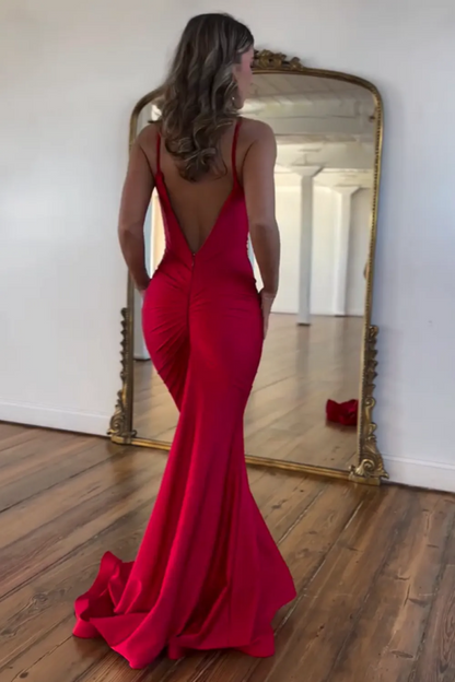 WU1032 - Simple Mermaid Strapless Straps Sleeveless V Back Pleated Train Floor Length Prom Dress Party Dress Wedding Guest Gown