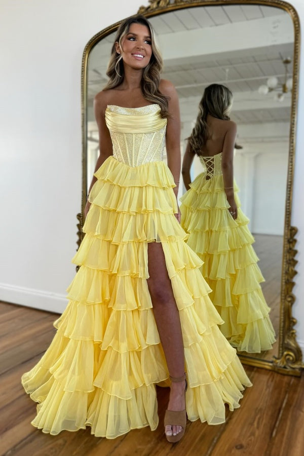 A-Line Boat Neck Beaded Chiffon Tiered High Side Slit and Train Prom Dress WU1426