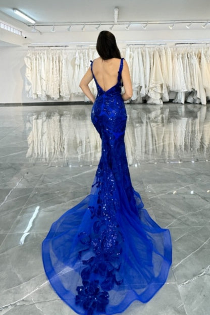 WU1064 - Elegant Mermaid Low V Neck Straps Sleeveless Open Back Floor Length Prom Party Dress Royal Blue Appliques Tulle Formal Evening Gown with Train