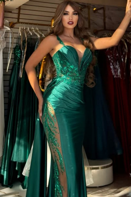 WU1077 - Gorgeous Sheath Strapless Spaghetti Straps Sequins Appliques Prom Dress Dark Green Pleated Cocktail Dress Formal Evening Gown