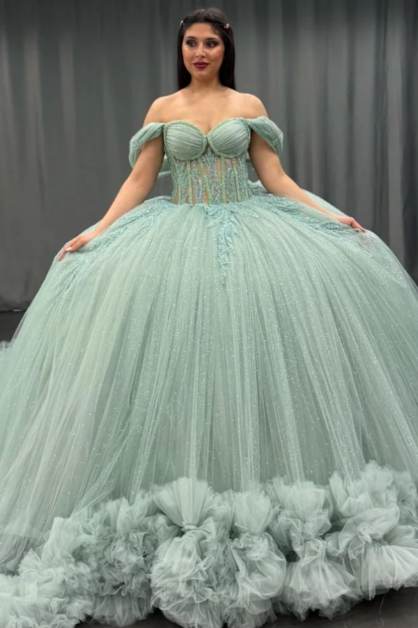 Langes Quinceanera-Kleid mit Herzausschnitt für Damen, trägerloses Korsett mit Blumenapplikationen, Perlenbesetztes Tüll-Ballkleid 