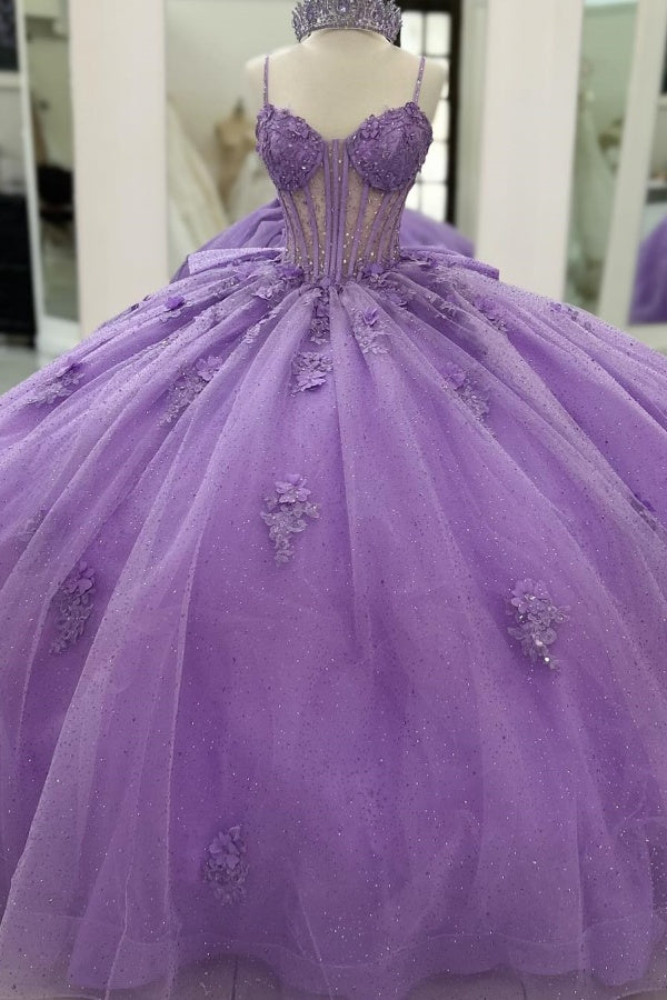 WQ1437 - Ball Gown Strapless Spaghetti Straps Sleeveless Beaded 3D Flowers Appliques Pleated Bow Knots Purple Tulle Quinceanera Dress Evening Formal Gown Birthday Party Dress for Sweet 16